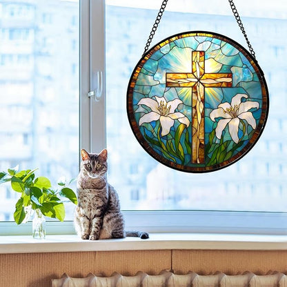 Christian Gifts for Women - Cross Stained Glass Window Hanging Jesus Easter White Lily Flower Sun Catcher Garden Religion Decor Mother's Day Catholic Gift for Men Grandma Mom Her Nana 7.8"
