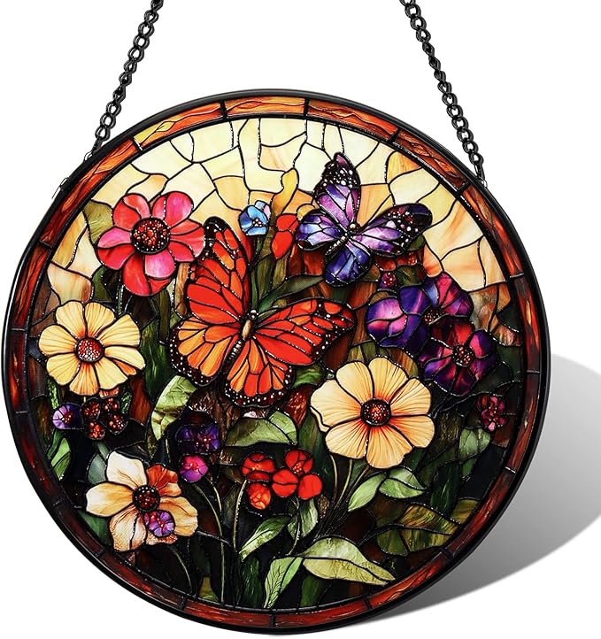 Stained Glass Window Hanging Butterfly 7.8 Inch Wildflowers Suncatcher Glass Panel Boho Window Decor with Chain Round Glass for Garden Wall Birthday Party Housewarming Gifts
