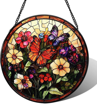 Stained Glass Window Hanging Butterfly 7.8 Inch Wildflowers Suncatcher Glass Panel Boho Window Decor with Chain Round Glass for Garden Wall Birthday Party Housewarming Gifts