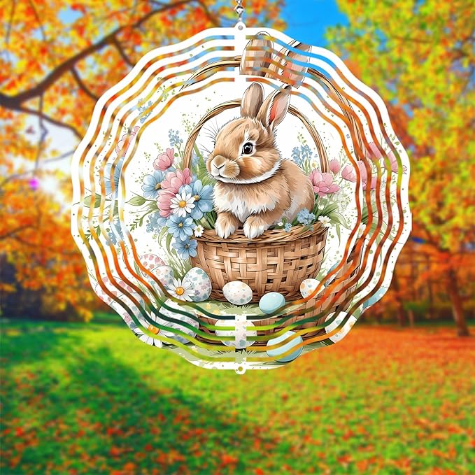 Easter Bunny Wind Spinner Easter Day Gifts 3D Metal Kinetic Hanging Wind Sculpture Spinners for Yard and Garden Indoor Outdoor Window Easter Rabbit Yard Art Garden Decoration 8 Inch (Bunny 4)