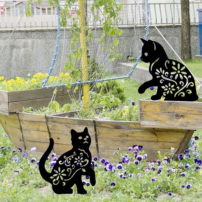 Metal Garden Stakes Decorative, Black Cat Silhouette Yard Decorations Outdoor Decor Patio Lawn Ornament Art for Women/Men/Cat Lovers Gifts