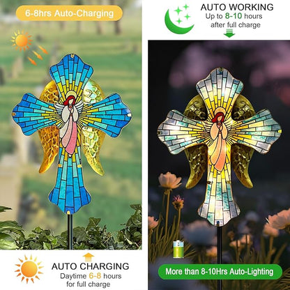 Solar Cross Garden Stake Lights for Outdoor,Cemetery Decorations Yard Patio Decor,Angel Wings Cross Solar Christmas Lights Outside,Memorial Gifts