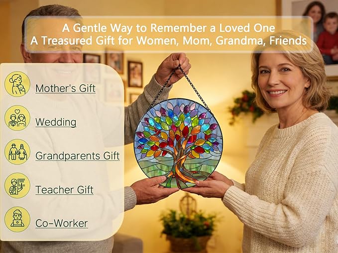 Stained Glass Window Hangings, Tree of Life with Hummingbird Suncatchers for Window, Treasured Gift for Mom, Grandma, Family and Friends (Colorful, 6.7x6.7 in)