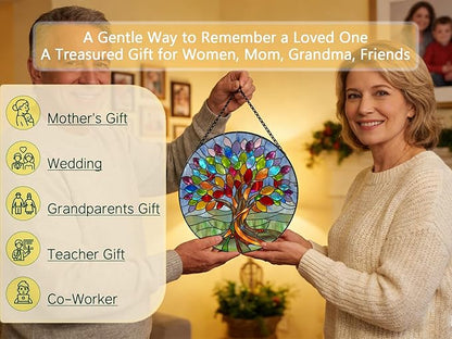 Stained Glass Window Hangings, Tree of Life with Hummingbird Suncatchers for Window, Treasured Gift for Mom, Grandma, Family and Friends (Colorful, 6.7x6.7 in)