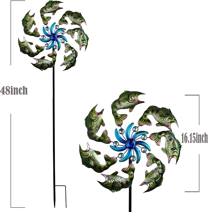 58" Metal Green Fish Wind Spinners Garden Stake -Ocean Theme Windmill Outdoor Decorations, Colorful Garden Wind Spinner Outside Decor, Wind Sculptures Lawn Decor for Yard Patio, Backyard