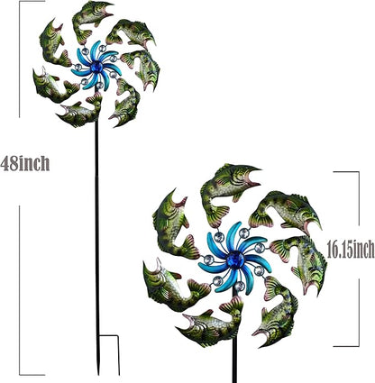58" Metal Green Fish Wind Spinners Garden Stake -Ocean Theme Windmill Outdoor Decorations, Colorful Garden Wind Spinner Outside Decor, Wind Sculptures Lawn Decor for Yard Patio, Backyard