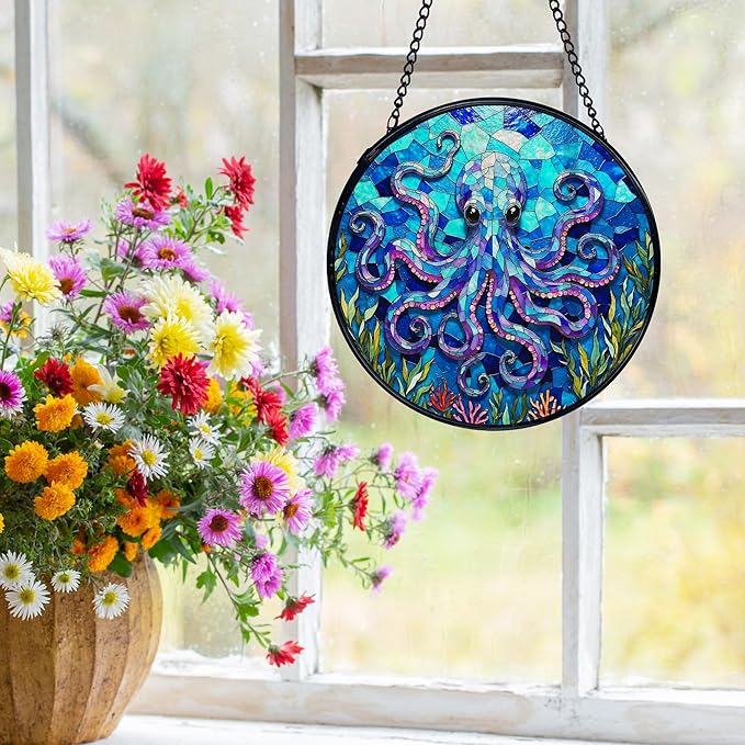 Ocean Beach Octopus Suncatchers Stained Glass Window Hanging, Octopus Decor Sun Catchers Indoor Window Glass Round Wall Decor, Coastal Beachy Wall Hanging Decorations, 7.9x7.9in