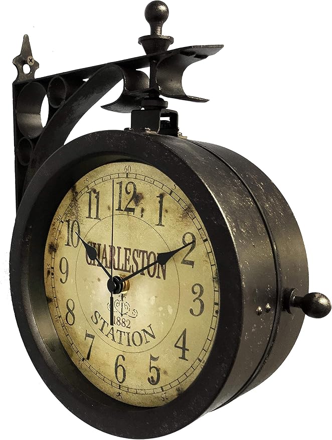 Infinity Instruments Charelston Metal Outdoor Clock, Waterproof Double Sided Train Station Clock & Thermometer