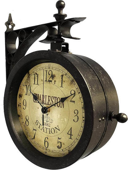 Infinity Instruments Charelston Metal Outdoor Clock, Waterproof Double Sided Train Station Clock & Thermometer