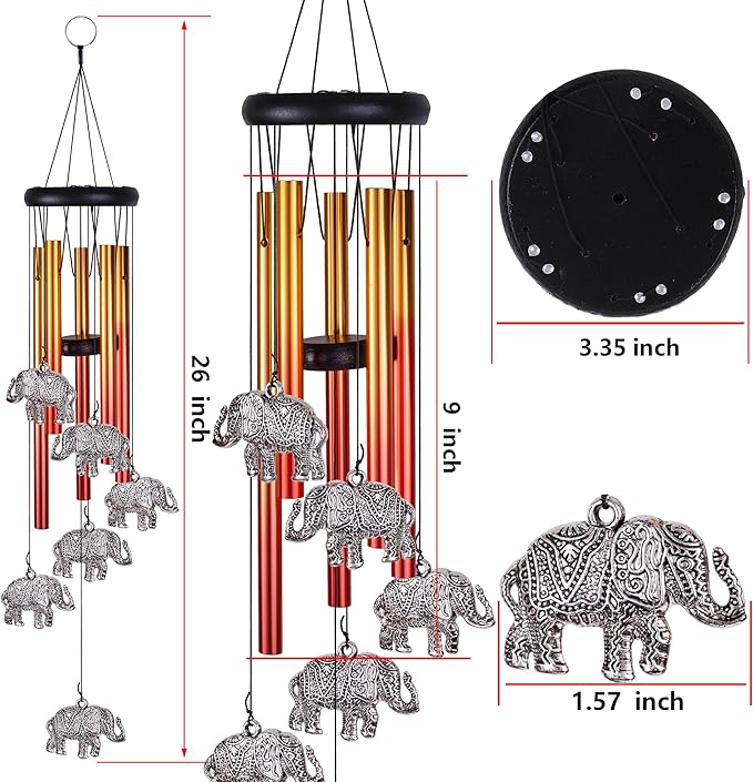 Elephant Wind Chimes Outdoor/Indoor Decor - Pure Hand-Made Mobile Romantic Wind Catcher, 28" Elephants Wind Chimes for Home, Xmas, Gift for Mom, Balcony, Patio, Garden Decoration(6 Elephants, 5 Tubes)