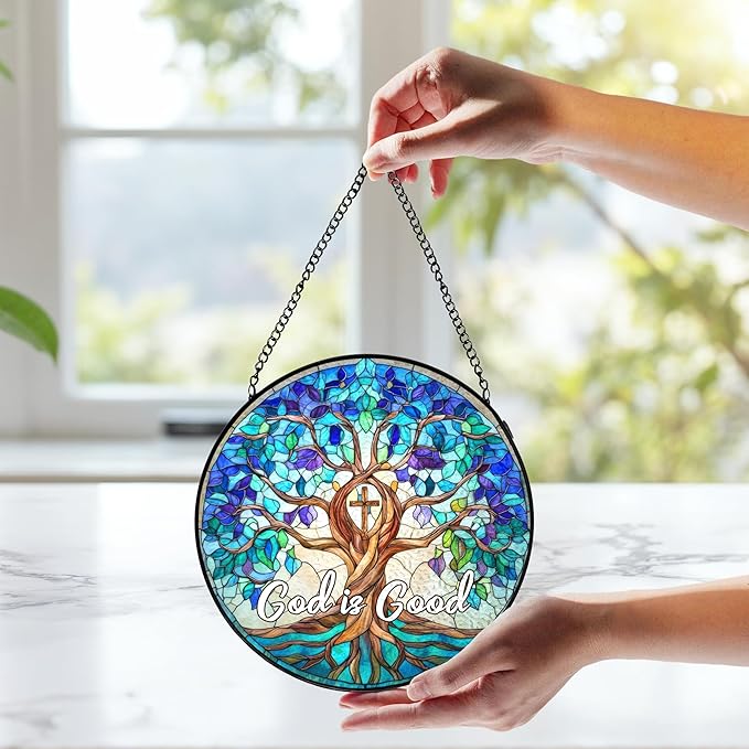 Christian Blue Tree of Life Stained Glass Window Hanging, Tree of Life Stained Glass, God is Good Sun Catchers Indoor Window Decor Birthday for Home Windows Garden Church, 7.9x7.9inch