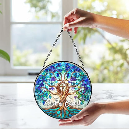 Christian Blue Tree of Life Stained Glass Window Hanging, Tree of Life Stained Glass, God is Good Sun Catchers Indoor Window Decor Birthday for Home Windows Garden Church, 7.9x7.9inch