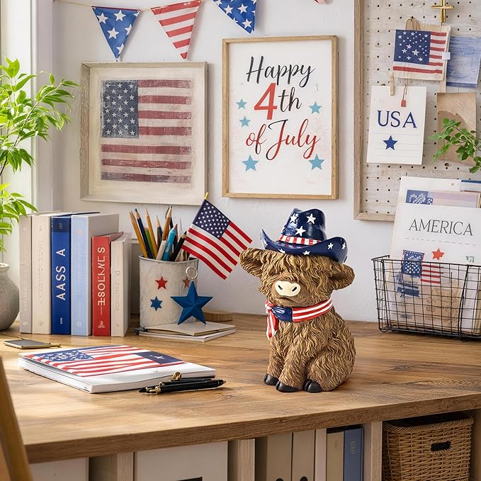 TISEJOY 8" 4th of July Decorations Outdoor Highland Cow Statue for Memorial Day, Highland Cow Decor,Patriotic Decorations for Home Decor, Stars and Stripes Highland Cow Figurines for Desk Garden