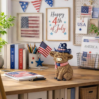 TISEJOY 8" 4th of July Decorations Outdoor Highland Cow Statue for Memorial Day, Highland Cow Decor,Patriotic Decorations for Home Decor, Stars and Stripes Highland Cow Figurines for Desk Garden