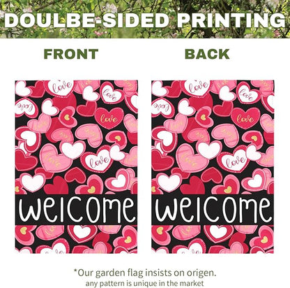 Valentines Day Garden Flag Welcome Love Heart Decorations Outdoor Yard Flags Romantic Red Pink Hearts Anniversary Holiday House Banners Seasonal Decor for Porch Patio Lawn Party 12×18 Inch
