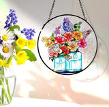 Remiawy Stained Glass Window Hanging, 6 Inch Mason Jar with Flowers Glass Panel with Metal Chain and Hooks Indoor Window Wall Art Home Decor for Women Birthday