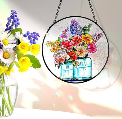 Remiawy Stained Glass Window Hanging, 6 Inch Mason Jar with Flowers Glass Panel with Metal Chain and Hooks Indoor Window Wall Art Home Decor for Women Birthday
