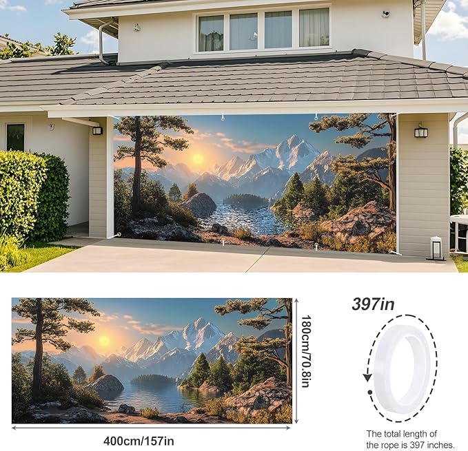 ANNA QUEEN Mountain Lake Sunset Garage Door Banner 6 x 13FT, Scenic Lake, Forest, and Snowy Mountains Sunset, Nature Landscape Backdrop for Yard, Parties, Holiday Home Decor