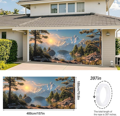 ANNA QUEEN Mountain Lake Sunset Garage Door Banner 6 x 13FT, Scenic Lake, Forest, and Snowy Mountains Sunset, Nature Landscape Backdrop for Yard, Parties, Holiday Home Decor