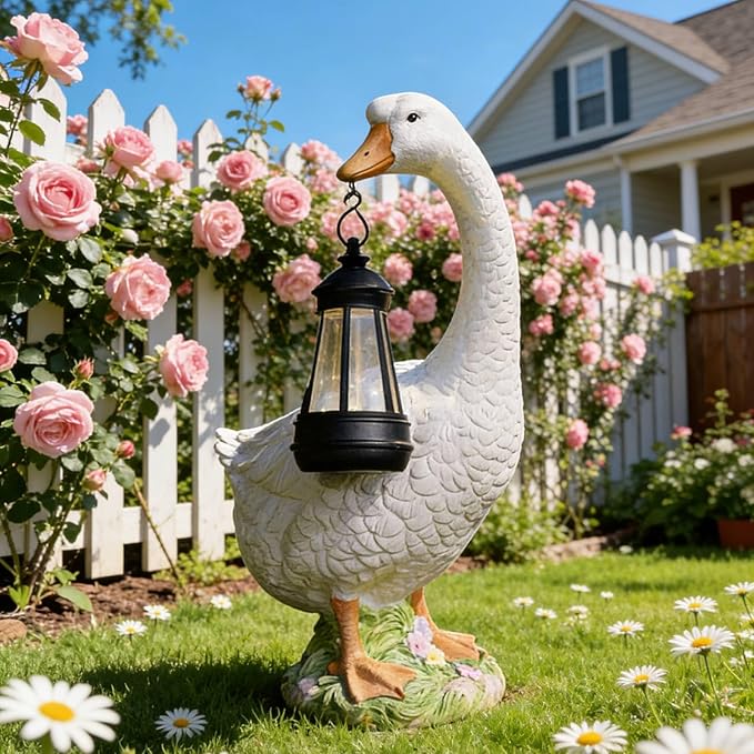 DiliComing Solar Porch Goose Statue - Outdoor Garden Decor Resin Goose Statues for Yard Lawn Patio Unique Gift Mom Grandma Women