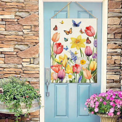 Baccessor Spring Easter Tulip Garden Flag Double Sided 12.5 x 18 Inch Burlap with Clip and Stopper,Daffodil Floral Butterflies Flag Seasonal Farmhouse Front Yard Lawn Outside Outdoor Decoration