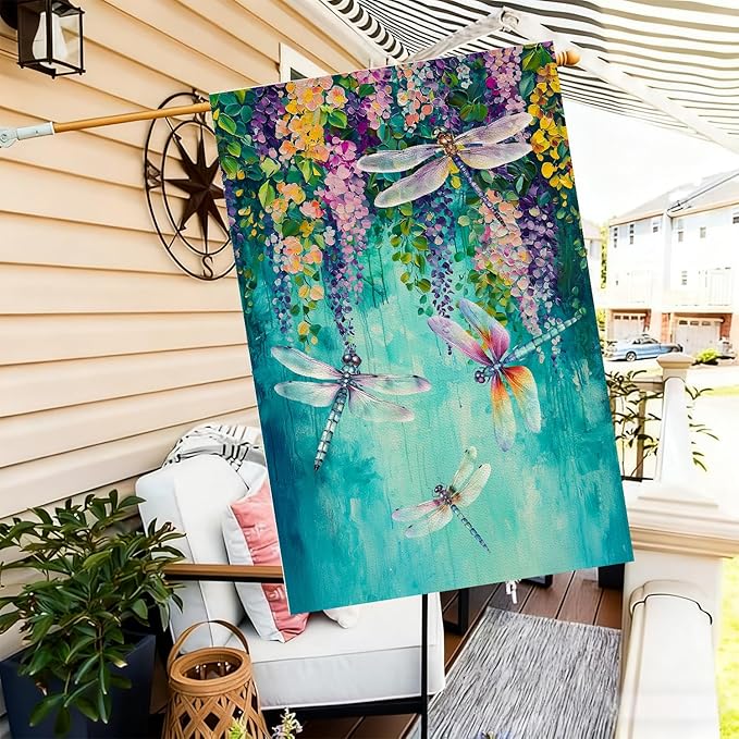 Baccessor Spring Summer Floral House Flag Double Sided 28x40 Inch Burlap,Wisteria Dragonfly Flowers Welcome Large Garden Flag Porch Patio Front Yard Seasonal Farmhouse Outside Outdoor Decor