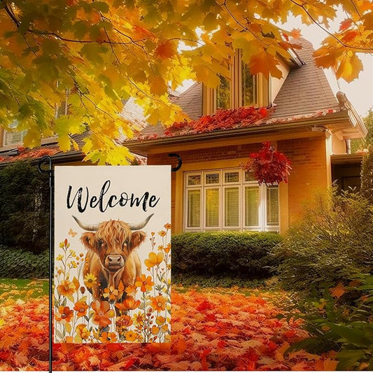 Welcome Fall Highland Cow Garden Flag Highland Cow with Flowers Burlap Yard Flag Seasonal Autumn Bull Butterfly House Banner for Farmhouse Rustic Holiday Outdoor Decor 12x18 Inch