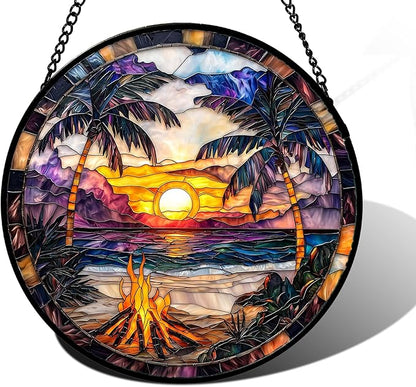 DASTOLL Stained Glass Window Hanging,Bonfire Beach Landscape Suncatcher Diamond Glass Panel Sun Catchers Decor for Birthday for Women, Men, Wife, Aunt, and Mom 7.8 in