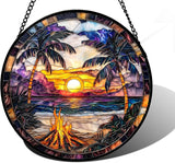 DASTOLL Stained Glass Window Hanging,Bonfire Beach Landscape Suncatcher Diamond Glass Panel Sun Catchers Decor for Birthday for Women, Men, Wife, Aunt, and Mom 11.8x11.8 in