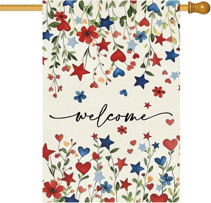 Baccessor Patriotic 4th of July House Flag 28x40 Inch Double Sided Burlap,Memorial Day Welcome American Red and Blue Flower Large Flag Summer Holiday Porch Patio Seasonal Outdoor Outside Decoration