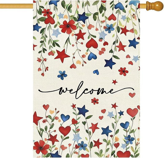 Baccessor Patriotic 4th of July House Flag 28x40 Inch Double Sided Burlap,Memorial Day Welcome American Red and Blue Flower Large Flag Summer Holiday Porch Patio Seasonal Outdoor Outside Decoration