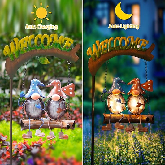 HONGLAND Gnomes Garden Decor Solar Lights, 48 Inch Welcome Sign Swing Yard Decorations Outdoor Decorative Stake for Lawn Porch Backyard Patio, Gnome Gardening Gifts for Women Mom