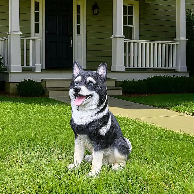 Husky Welcome Light with Solar Lantern & Double-Sided Sign, Sitting Black & White Husky Sculpture for Entry Shelf, Patio & Garden Edge