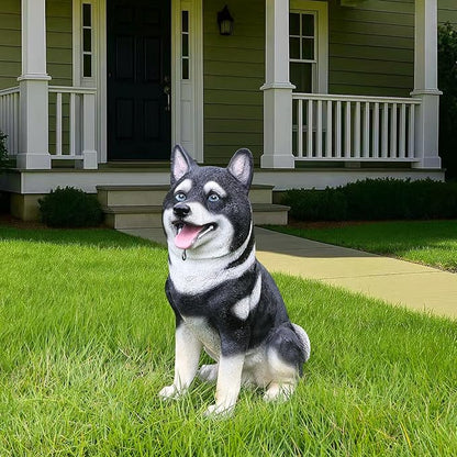 Husky Welcome Light with Solar Lantern & Double-Sided Sign, Sitting Black & White Husky Sculpture for Entry Shelf, Patio & Garden Edge