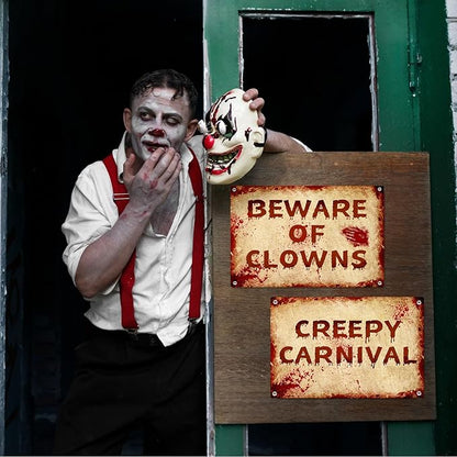 2 Pcs Terrifying Halloween Clown Metal Signs, CREEPY CARNIVAL & BEWARE OF CLOWNS Bloody Vintage Warning Signs, Spooky Scary Evil Circus Wall Decor, Indoor Outdoor Carnival Party Yard Event Decoration