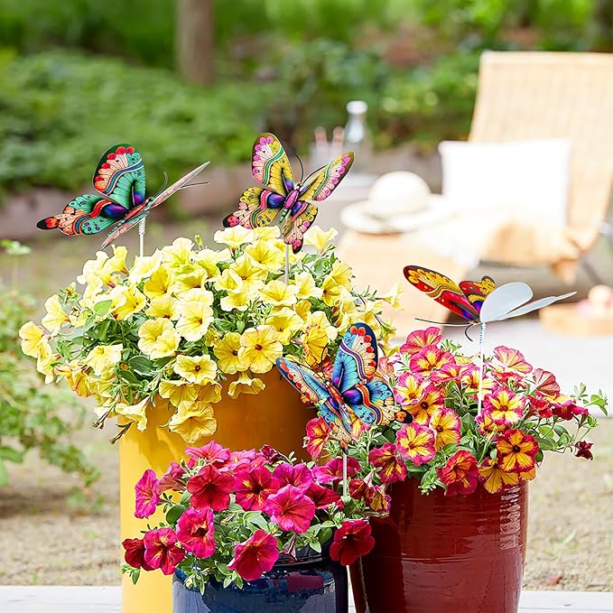 4Pcs Butterfly Garden Stakes Decor, Colorful Butterflies Decorations, Metal Yard Art for Outdoor Lawn Porch Pathway Yard Patio Plant Pot Ornaments (Butterfly- C)