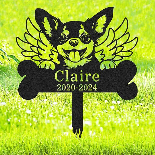 Custom Dog Memorial Grave Marker with Wings, Personalized Chihuahua Memorial Stake Bone Burial Marker Metal Engraved Sign, Customized Dog Memorial Decorations Garden Stake with Name & Date