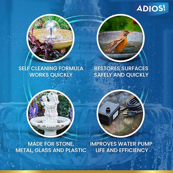 Adios! Fountain Scale Remover for Calcium, Lime and Hard Water Deposits on Bird Fountains, Baths and Water Features (8 oz)