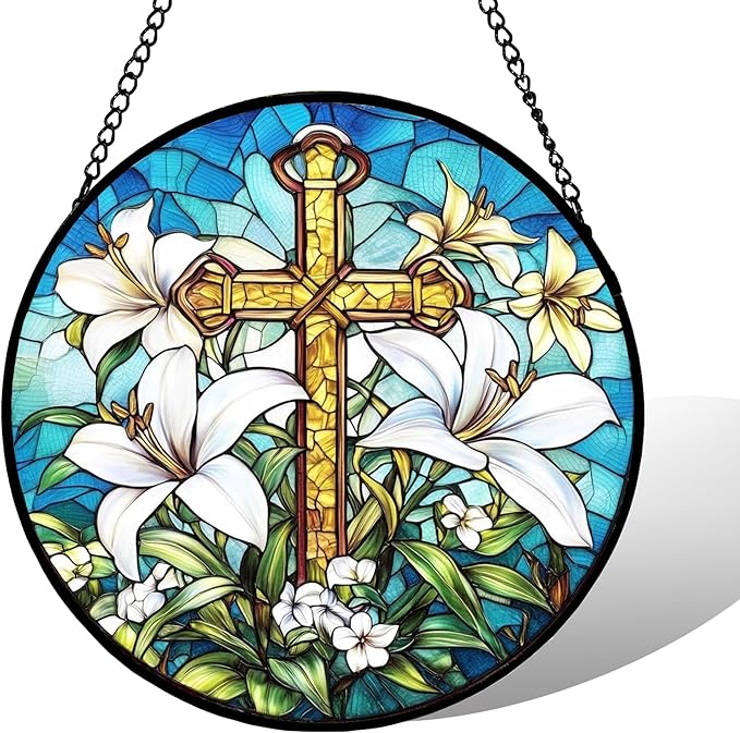 7.88'' Stained Glass Window Hanging, Cross Lily Suncatcher Stained Glass Panel with Hook Chain for Window, Christian Sun Catchers Home Decor Mother's Day Birthday for Women, Men, Wife, Aunt, and Mom