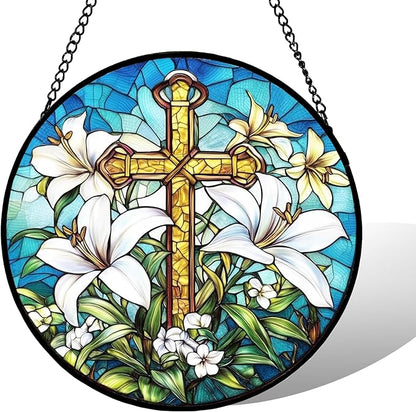 7.88'' Stained Glass Window Hanging, Cross Lily Suncatcher Stained Glass Panel with Hook Chain for Window, Christian Sun Catchers Home Decor Mother's Day Birthday for Women, Men, Wife, Aunt, and Mom