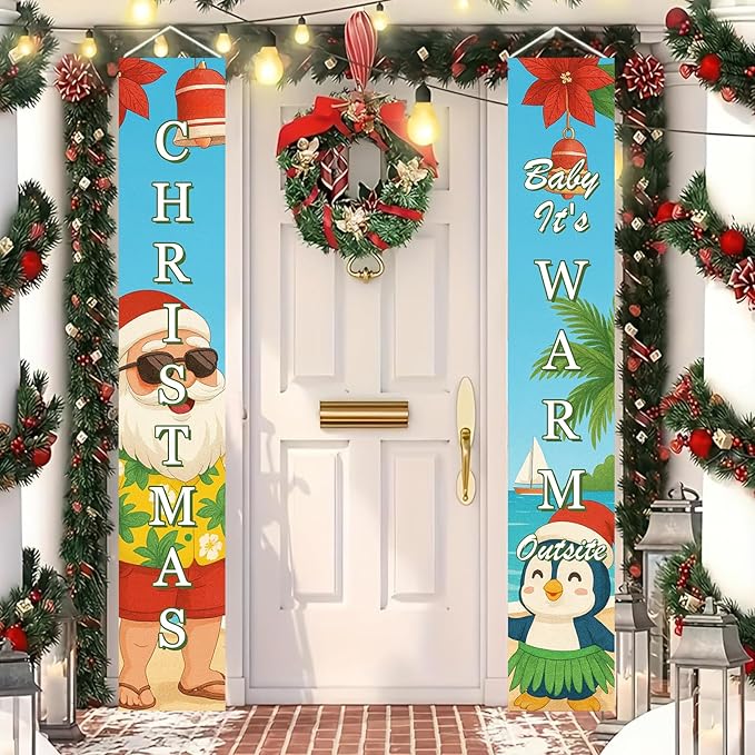 Tropical Christmas Porch Banner 12x71 Inch Beach Santa Penguin Christmas Door Banner Holiday Front Door Decor Outdoor Hanging Sign for Winter Christma Decorations Xmas Porch Sign for Front Door Outdoor Winter Home Decor