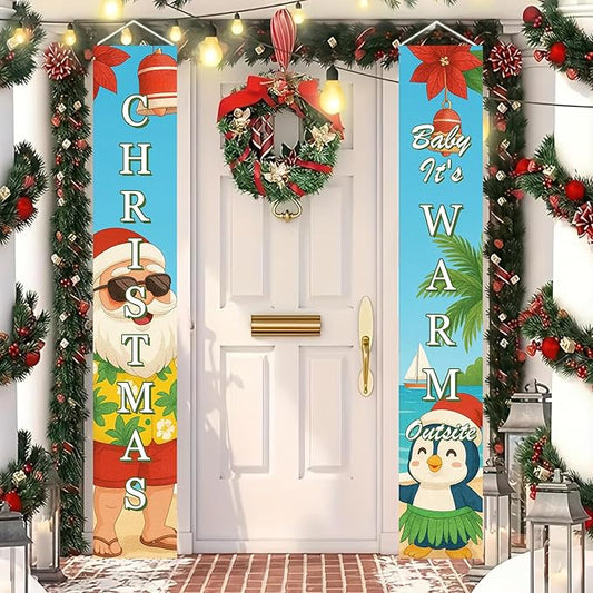 Tropical Christmas Porch Banner 12x71 Inch Beach Santa Penguin Christmas Door Banner Holiday Front Door Decor Outdoor Hanging Sign for Winter Christma Decorations Xmas Porch Sign for Front Door Outdoor Winter Home Decor
