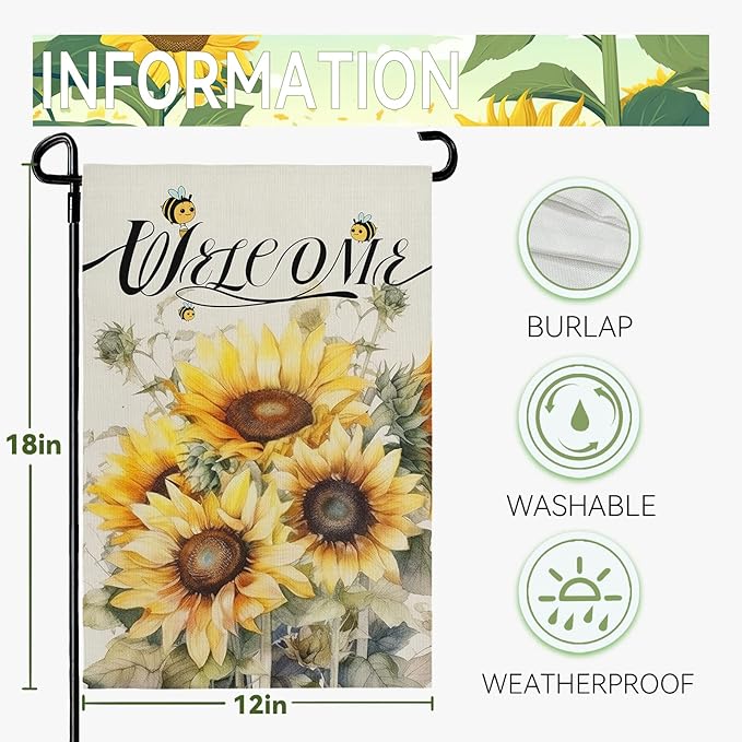 Summer Sunflower Garden Flag for Outside 12x18 Inch Double Sided Welcome Bee Vertical Seasonal Yard Flags Floral Holiday Party Yard Outdoor Decoration