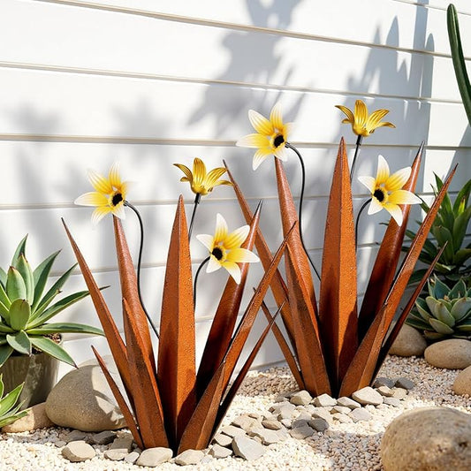 2 Pack Metal Agave Plant Sculptures, Outdoor Agave Plants, Tequila Rustic Sculpture, 16” Hand Painted Garden Decoration Yard Art Plant