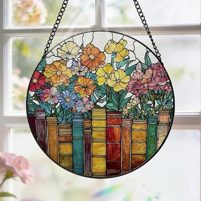 Stained Glass Window Hanging, 8 Inch Book Ornament Suncatcher, Sun Catchers Indoor Window, Flowers Suncatchers for Windows Hanging, Spring Home Garden Decor Panel, Book Lovers Gifts for Women Teacher
