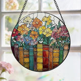 Stained Glass Window Hanging, 8 Inch Book Ornament Suncatcher, Sun Catchers Indoor Window, Flowers Suncatchers for Windows Hanging, Spring Home Garden Decor Panel, Book Lovers Gifts for Women Teacher