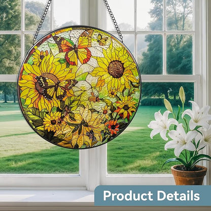 Suncatcher Stained Glass Window Hanging - Sunflower Glass Panel with Metal Chain and Hooks Handmade Sun Catcher Decoration for Window Garden Home Christmas & Birthday Gifts (7.8 Inch)