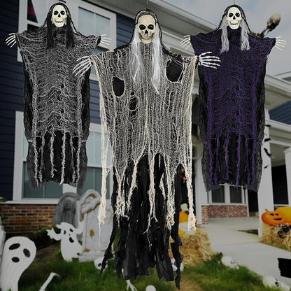 Kendane Halloween Decorations Outdoor and Indoor,3PCS Scary Hanging Ghosts,Halloween Grim Reaper Skeleton,Scary Party Decorations for Yard,Haunted House Decor