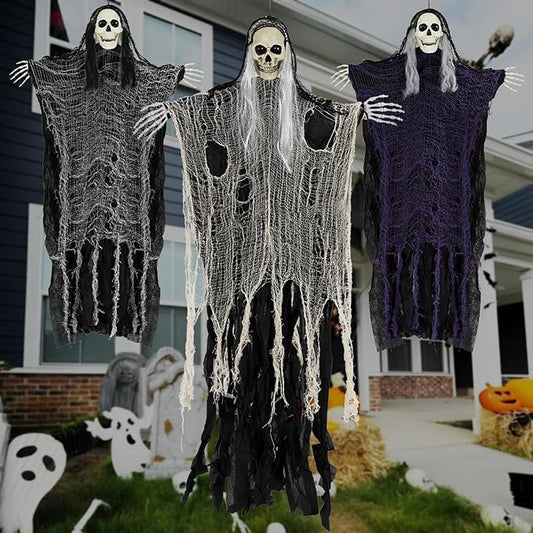 Kendane Halloween Decorations Outdoor and Indoor,3PCS Scary Hanging Ghosts,Halloween Grim Reaper Skeleton,Scary Party Decorations for Yard,Haunted House Decor