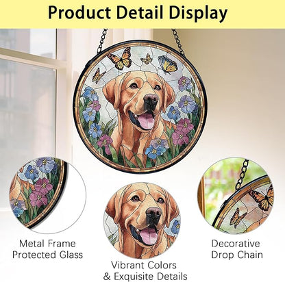 TNUW Labrador Retriever Flower Stained Glass Window Hanging, Labrador Retriever Gifts Sun Catchers Indoor Window Glass Round Wall Art Decor, Dog Sunflower Wall Hanging Decorations, 7.9＂x7.9＂